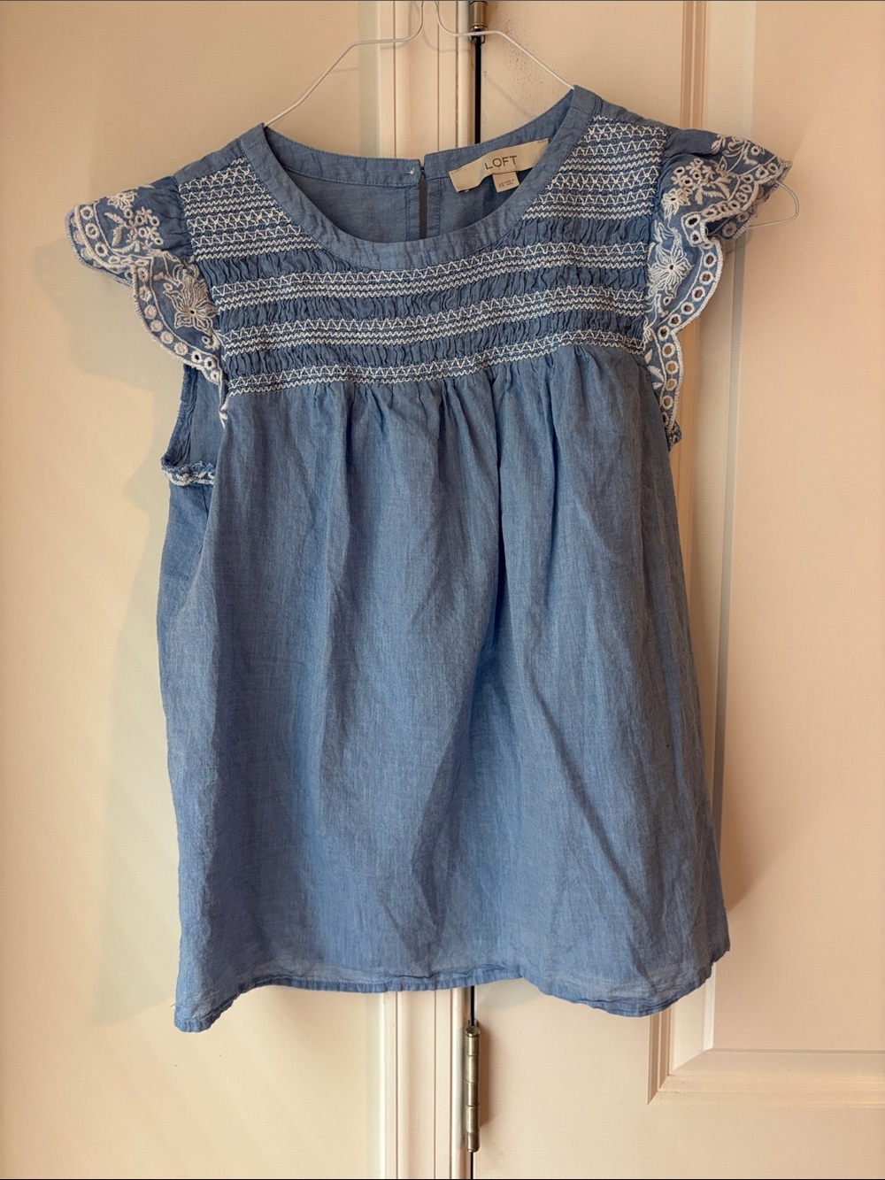 LOFT Light Blue Embroidered Chambray Flutter-Sleeve Top